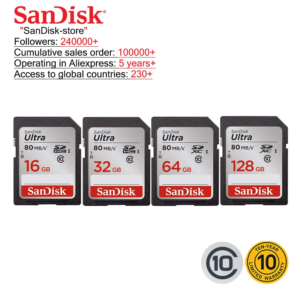 

Sandisk Original SD Card Memory Card Micro SD Card Read Speed 80M/S 16GB 32gb 64GB 128GB For Camera 10 years warranty