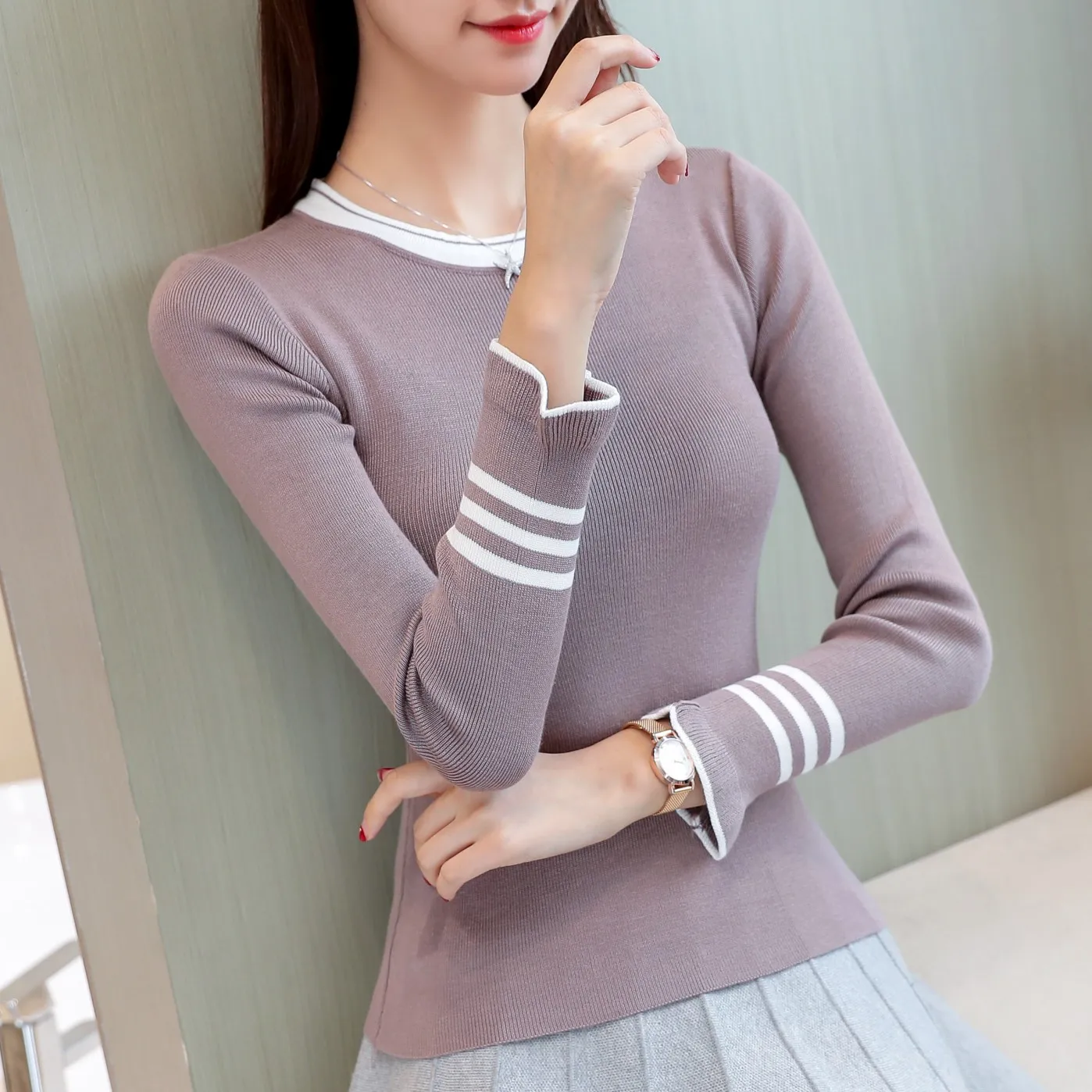 2018 New Slim Women Sweater Pullover Basic Rib Knitted