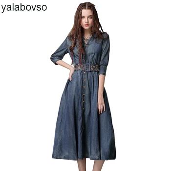 

New Arrivals 2018 Autumn Long Sleeve Retro Blue Denim Emboridery Long Dress Elegant Vintage Tank Dresses for woman A50-z20