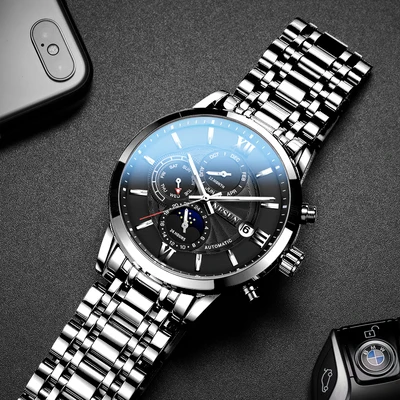 silver-black-mesh Швейцарские мужские спортивные часы Nesun автоматические механические лучший бренд класса люкс большие модные кожаные мужские наручные часы Relogio Masculino - Цвет: silver-black-mesh