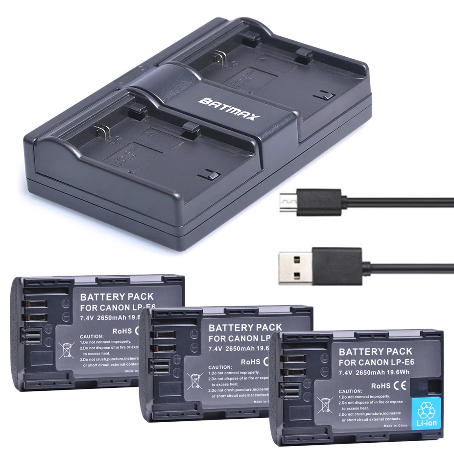 3X 2650Mah Lp-E6 Batteria Bateria Lp E6 Lpe6 Batterie + Doppio Caricatore Usb Per Canon 5D Mark Ii Iii 7D 60D Eos 6D 80D 70D Xc10 5Ds