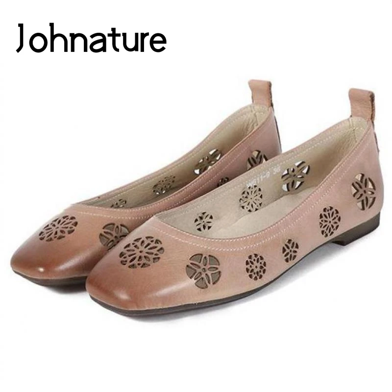 

Johnature 2019 New Spring/autumn Handmade Genuine Leathe Square Toe Retro Hollow Shallow Comfortable Women Shoes Low Heel Pumps