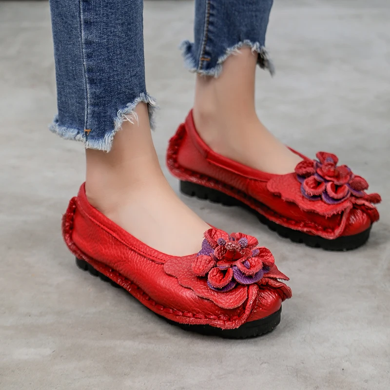 Ethnic Women Loafers Genuine Split Leather Flat Heels Flower Round Toe Soft Solid Sandals Platform Ladies Shoes Zapatos De Mujer bridal slingbacks