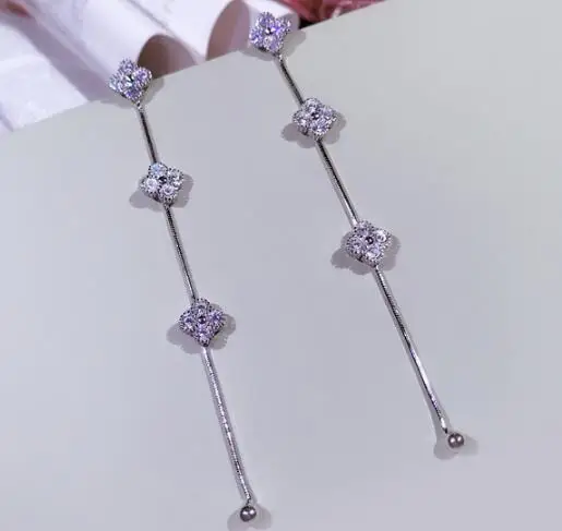 

Hot Brand Pure 925 Sterling Silver Jewelry For Women Three Flower Clover Long Stud Earrings Silver Jewelry