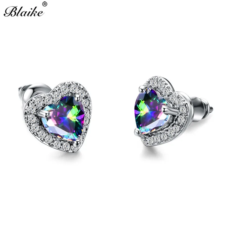 

Blaike Cute Heart Mystic Fire Multicolor Zircon Stud Earrings for Women 925 Sterling Silver Filled Rainbow Birthstone Earrings