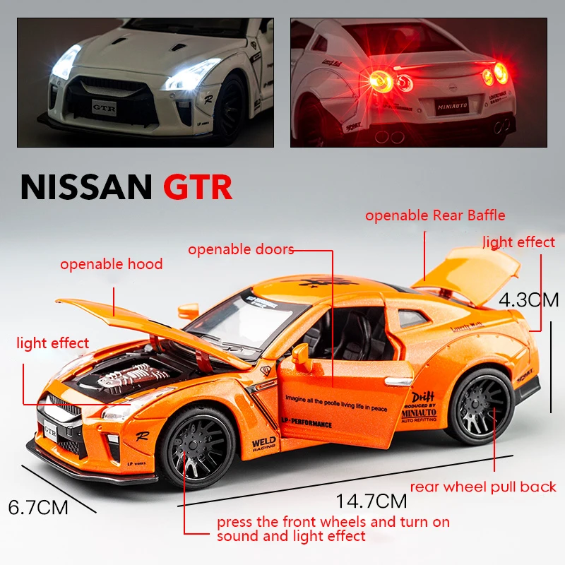 Модель литая автомобиля KIDAMI 1:32 AMG Nissan GTR игрушечная машинка со звусветильник кой