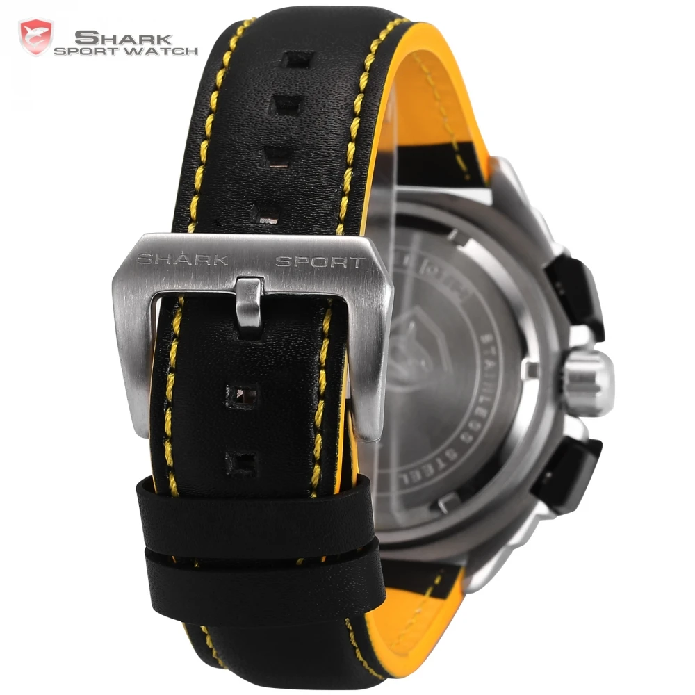 Tiger Shark Sport Watch New Date 24Hrs Silver Bezel Black Yellow Leather Strap Male Clock Military Quartz Men Wristwatch /SH415