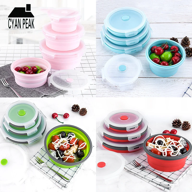 

Round Silicone Folding Portable Bento Box Collapsible Lunch Box for Childern Adult Food Dinnerware Food Container Travel Outdoor