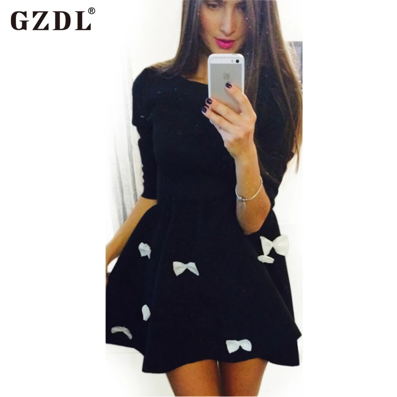 

2016 New Arrival Hot Sale Fashion Women Cute Vestido 3/4 Sleeve Round Neck Autumn Winter Evening Party Bow-tie Mini Dress CL2502