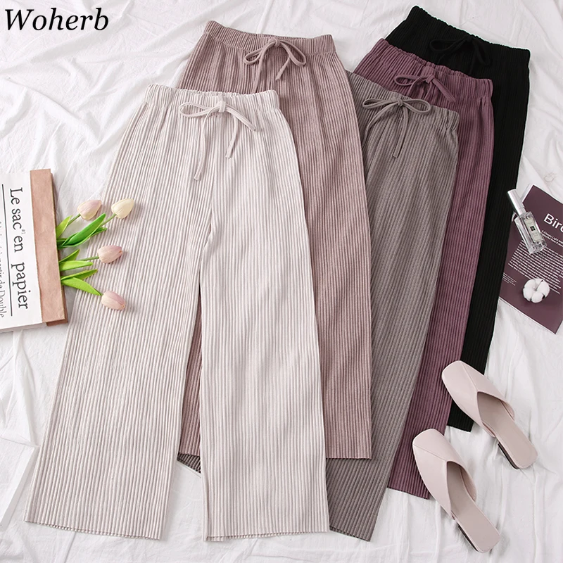 

Woherb Summer 2019 Modis Stretch High Waist Loose Wide Leg Pants Women Ankle Length Trousers Loose Pleated Pants Korean Style