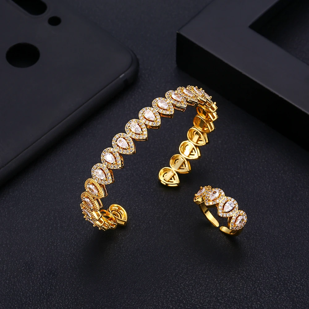 

jankelly Luxury water drop Bangle Ring Sets Fashion Dubai Silver Bridal Jewelry Sets For Women Wedding brincos para as mulheres