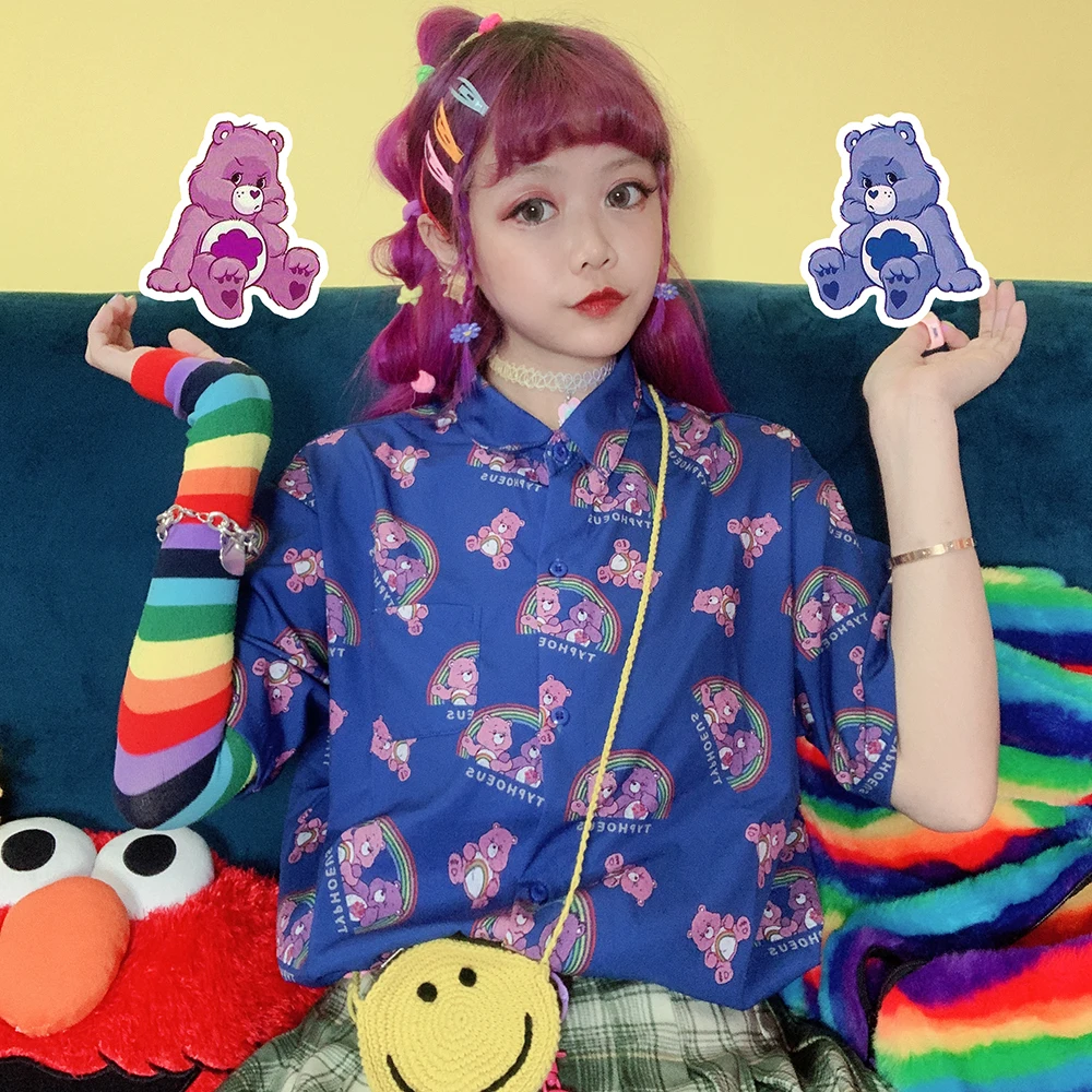 Японский Harajuku девушка сердце мультфильм Радуга милые Детеныши шифон Junior летние рубашки для женщин