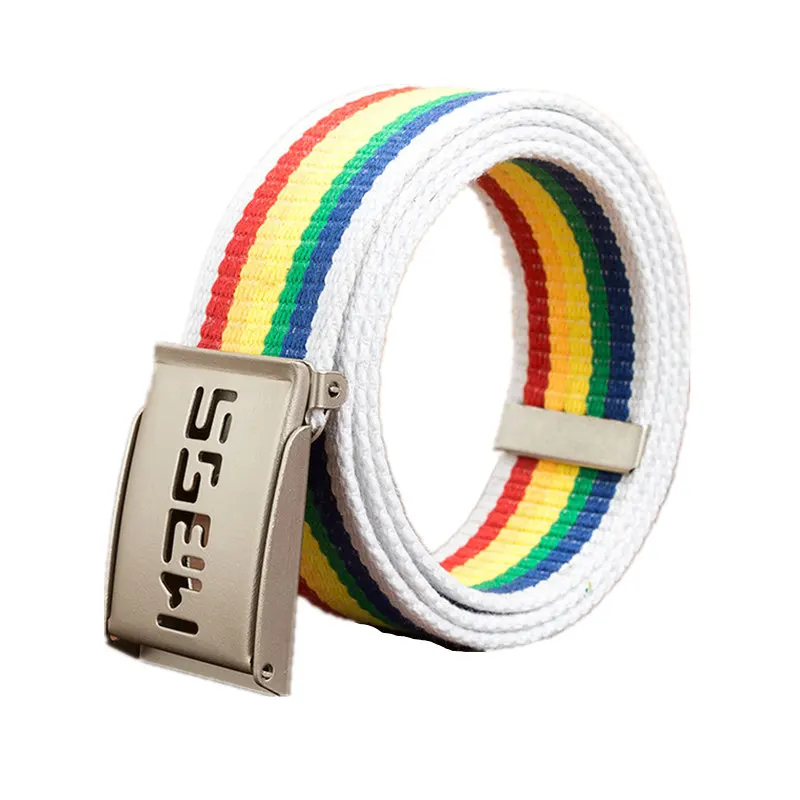 

Fashion Striped Belts For Men Women Automatic Buckle Men's Belt Canvas Letters Hollow Out Male Female Belt Unisex Waistband