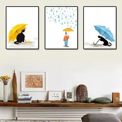 Милый акварель зонтик черный товары для кошек дождь плакаты Nordic гостиная стены книги по искусству принт картина домашний декор холст