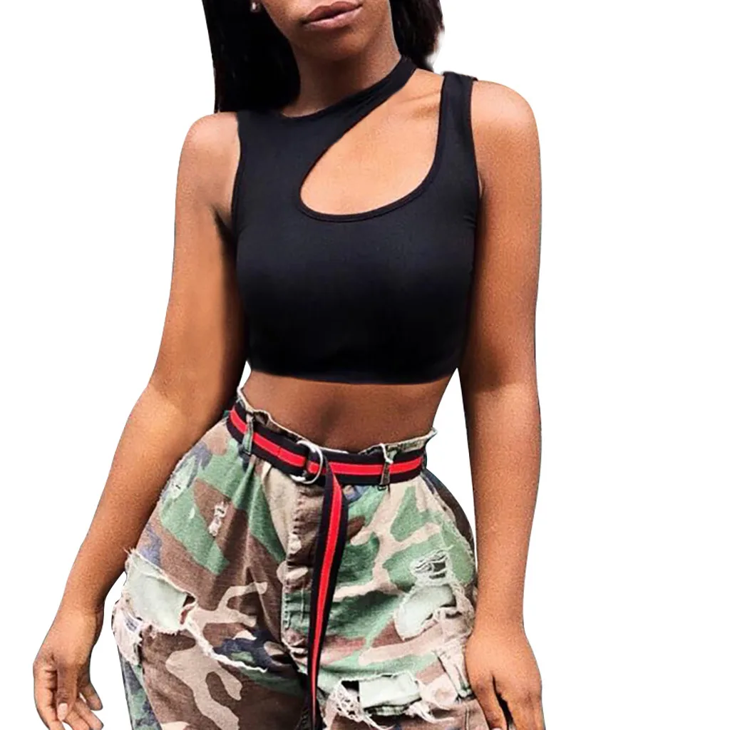 

Fashion Women top summer 2019 Sexy Solid Sleeveless crochet tops women Hollow Out Crop Tank Short Navel Top Black XL #B