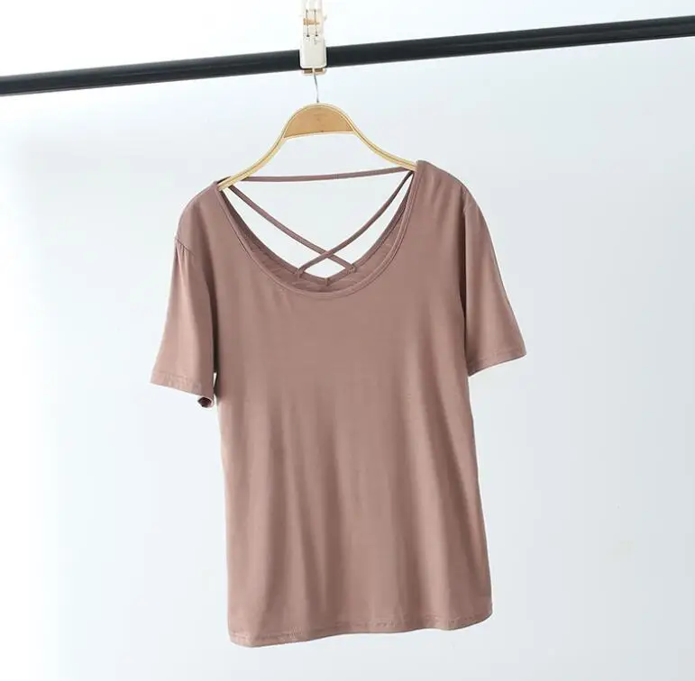 Женская футболка для фитнеса, короткий рукав, открытая спина, тонкие футболки, летние спортивные топы, футболки, ropa mujer - Цвет: Хаки