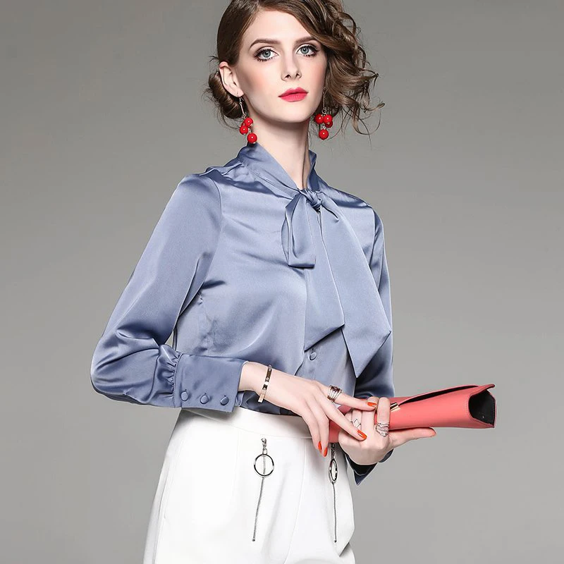 Spring Office Wear Women Summer Chiffon Blouses Shirts Lady Girls Casual O-Neck Bow Tie Long Sleeve Tops Shirts Blusas
