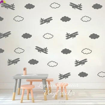 

Cartoon Cloud Airplane Wall Sticker Baby Nursery Kids Room Lovely Scaling Plane Wall Decal Children Room Sky Space Vinyl Decor