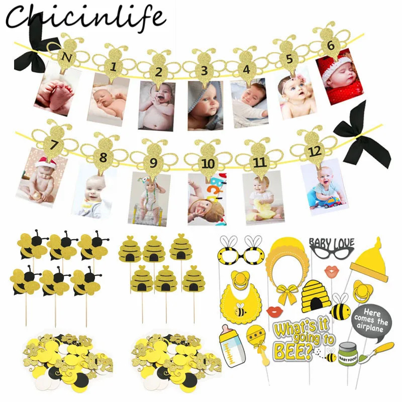 

Chicinlife Bee Series 12 Months Photo Banner Cupcake Toppers Photo Booth Props Confetti Balloon Kids 1st Birthday Party Supplies