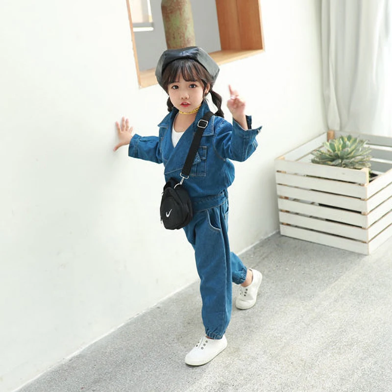 Children's Spring and Autumn casual work suit girl denim jacket and long jeans pant Washed Jeans 2 pcs denim sets for girls P20