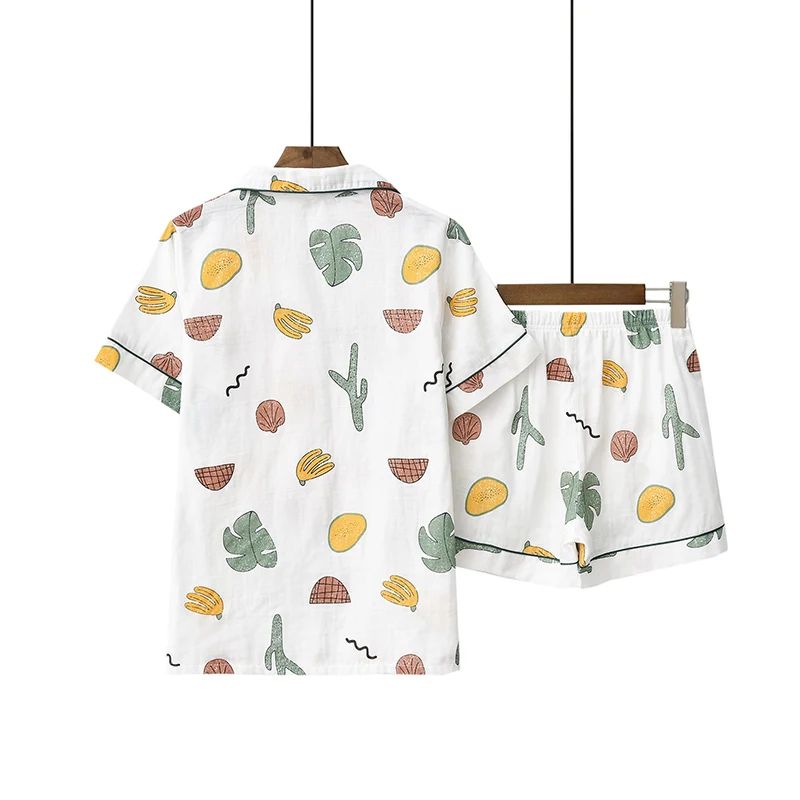 Милые Мультяшные фрукты напечатанные женские 2 шт марлевые хлопковые пижамы, набор с отложным воротником с коротким рукавом+ шорты, одежда для сна Милая домашняя одежда