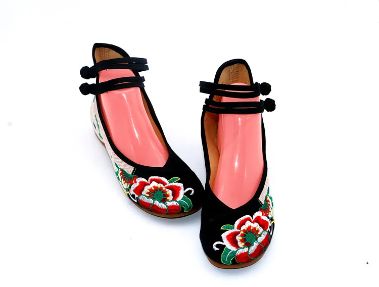 Винтажные женские летние туфли с вышивкой; женские туфли на танкетке с ремешком на щиколотке; повседневные женские парусиновые лоферы в китайском народном стиле