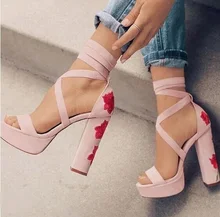 Hot Selling Floral Rose Embroidered Sandals Lace Up Chunky Heels Platform Sandals Black Suede High Heeled Dress Shoes For Women simple women s pumps with lace up and chunky heeled design