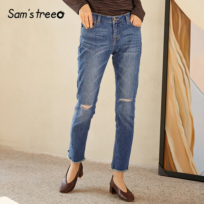 Samstree Винтаж 2018 женские весенние осенние джинсы узкие брюки Узкие рваные джинсы до щиколотки брюки