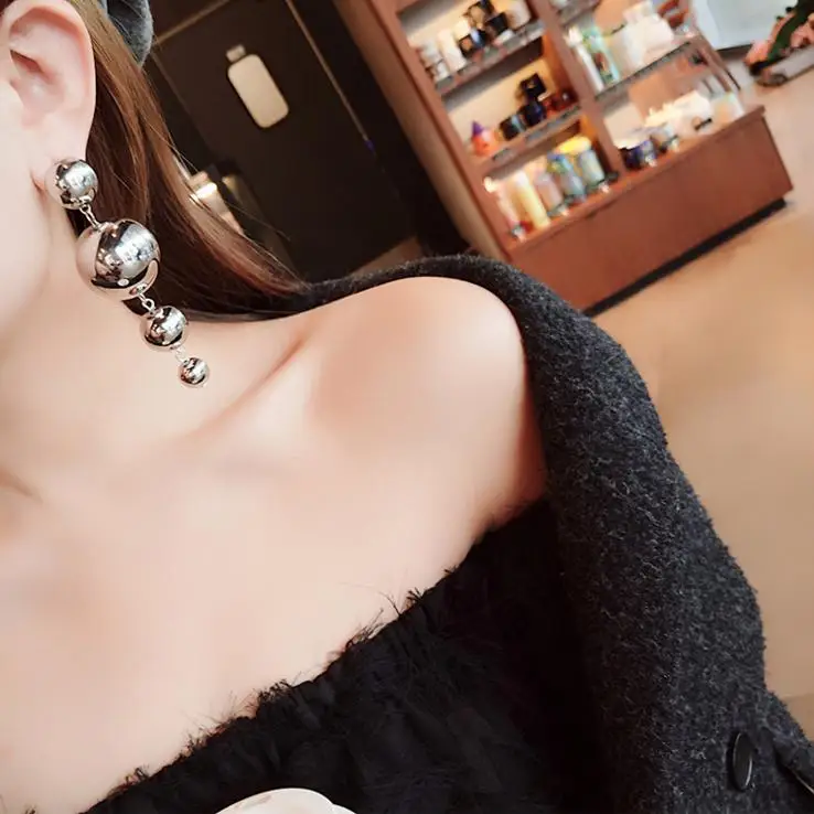 Новая мода Корея серебряный металлический шар дикий простой темперамент серьги длинные подвески для женщин ювелирные изделия