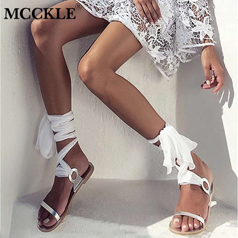 MCCKLE Ankle Strap Women Plus Size Flat Gladiator Sandals Female Cross Tied Ribbon Lace Up Casual Shoes For Girls Summer Leisure