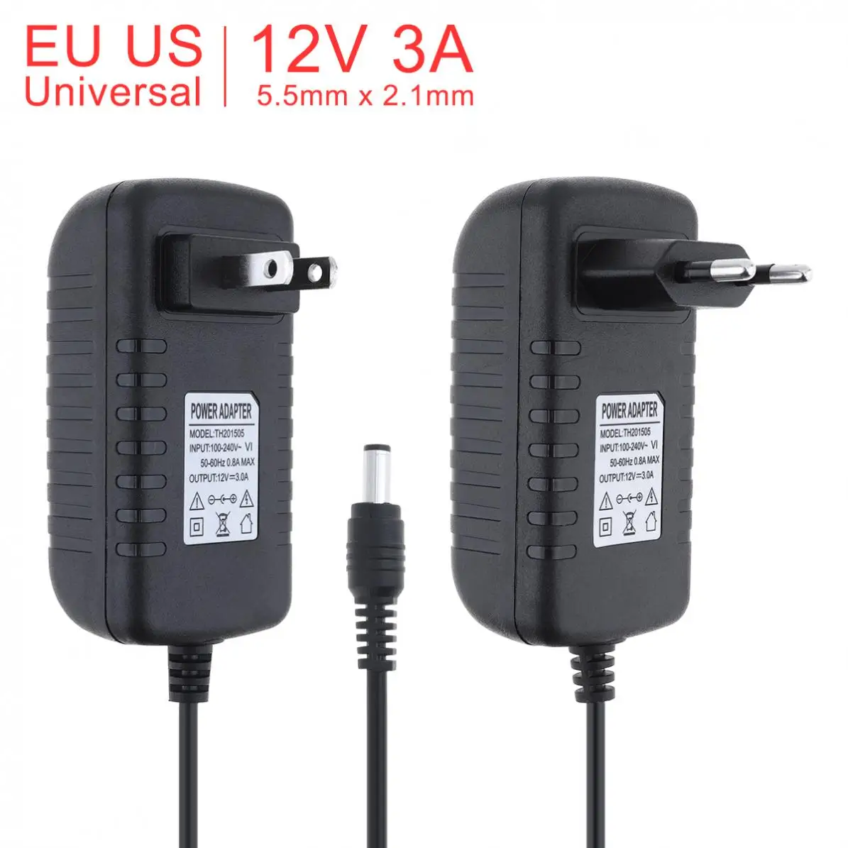 

100-240V AC to DC Power Adapter Supply Charger Adapters 12V 3A US EU Plug 5.5mm x 2.1mm