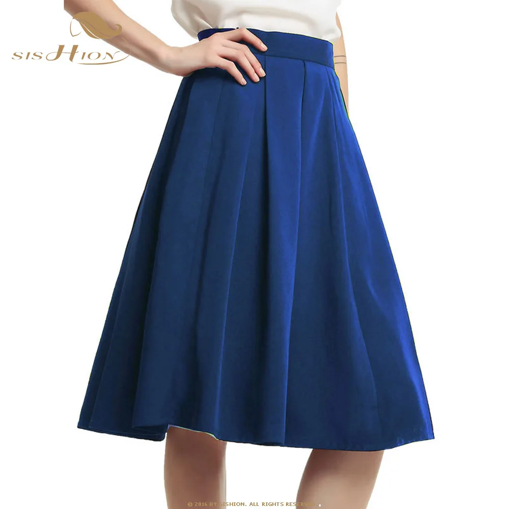 

SISHION Women Pleated Skirt Ladies Plus Size Black Wine Red Khaki Red Navy Blue Midi Casual Skirt With Pockets VD1018