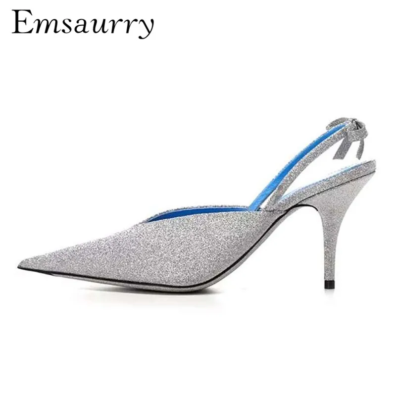 

New Spring Silver Glitter Gladiator Sandals Women Thin High Heels Pointed Toe Shallow Shoes Back Strap Sequined Summer Shoes