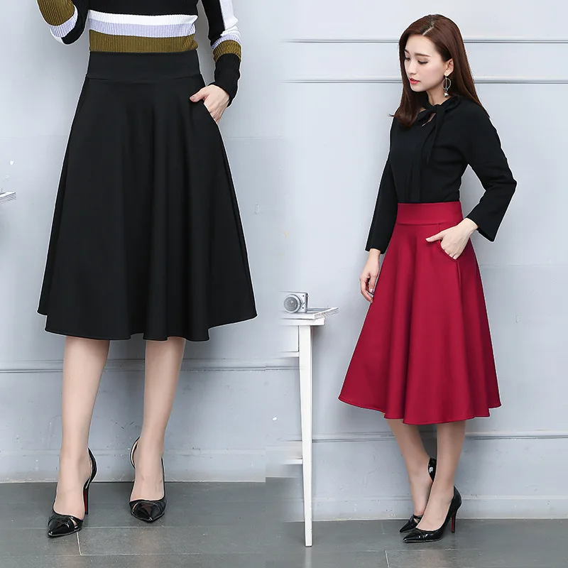 

Women Girls New Long section Female skirts High waist Slim a Word skirt Fashion Student Pleated skirt Pocket
