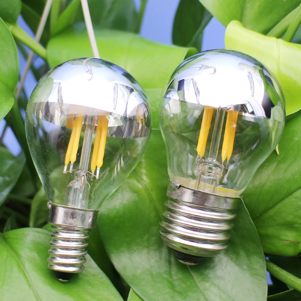

2PCS G45 4w LED Filament Bulbs Mirror Half Chrome Globe E14 E27 warm light 220V for bedroom Vintage Vanity Decorative
