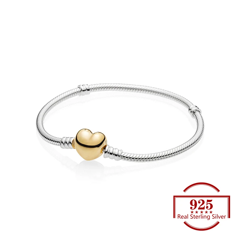 

925 Sterling Silver Gold Heart Button Snake Bone Bracelet Trendy Jewelry Fits Charm Bracelet DIY for Women Party Gift