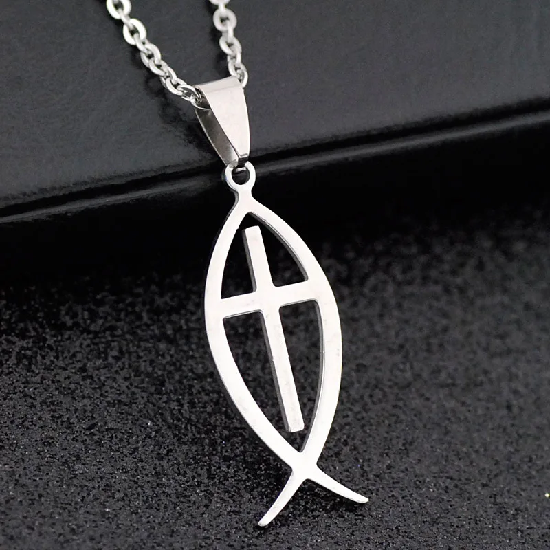 New Stainless Steel Cross Jesus Fish Pendant Necklace Christian Sign