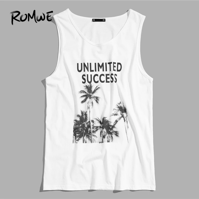 

Romwe Men Mixed Print Tank Top 2019 Basic White Sleeveless Round Neck Vest New Designer Summer Letter Tropical Tank Top