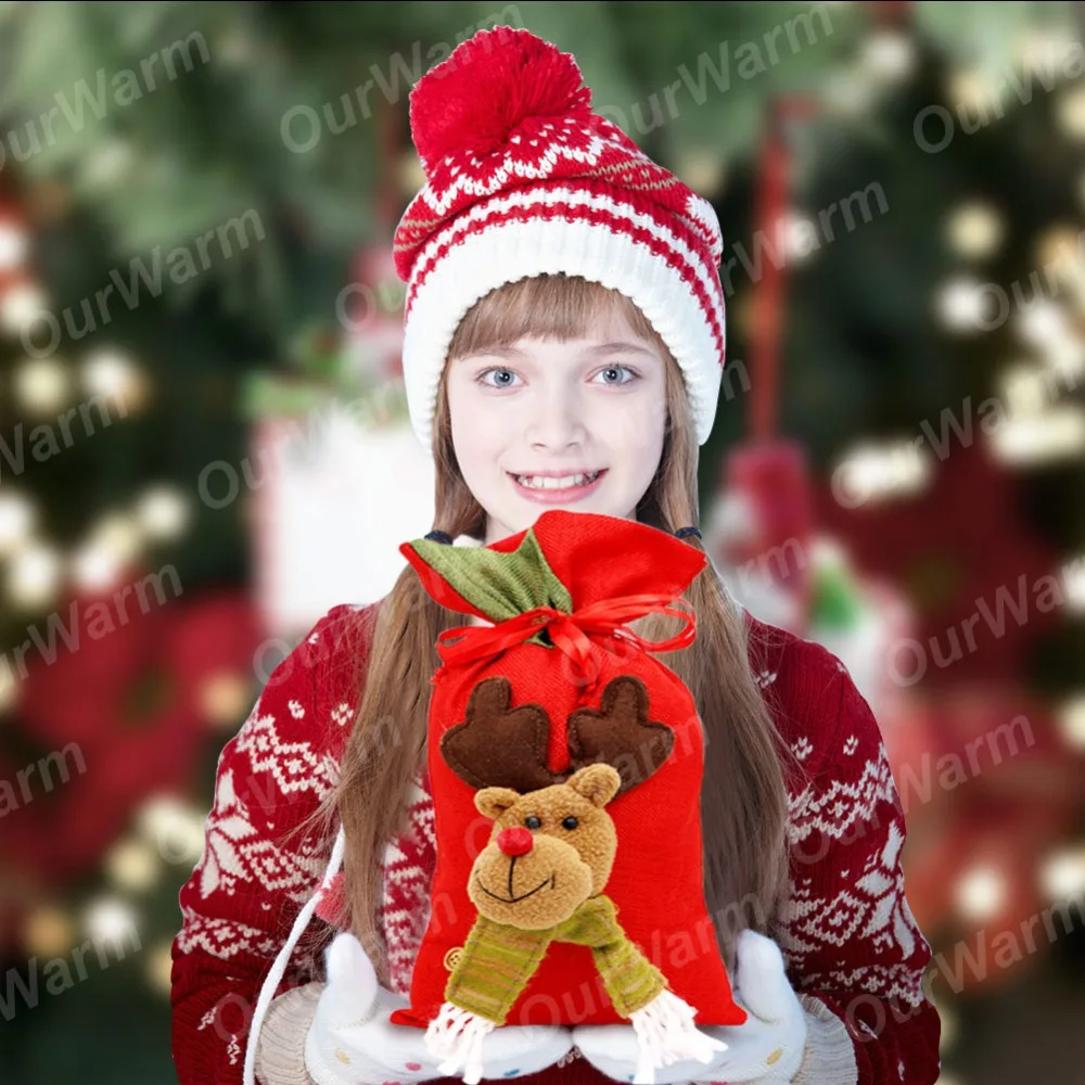 Теплые вечерние рождественские подарочные сумки для детей, Санта-Клаус со снеговиками, с северными оленями, 3D большие сумки с Кулиской