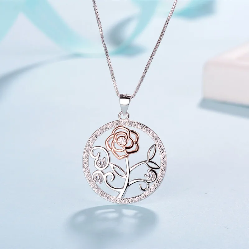 

Real sterling silver 925 rose flower necklace in jewelry pendant necklace with CZ chain fashion silver jewelry for women gift