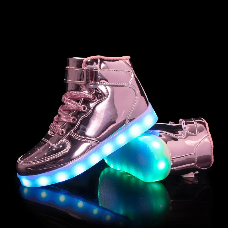

boys girls 7 Colors High-top LED Shoes for kids White Black Glowing Light Up Shoes Flat LED Luminous Shoes chaussure children