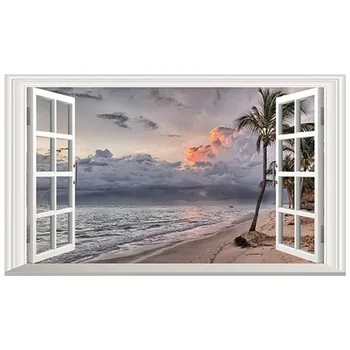

120*70cm beach sunset landscape wall stickers 3d fake window Sea view mural home hotel decoration Ocean scenery vinyl wallpaper