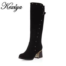 4 Color Fashion Winter Women’s shoes Big size 30-50 Round Toe Buckle decoration High Heels Slip-On Knee High Boots HQW-A16