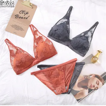 

French Lingerie Sexy Lace Embroidery Flower Bra Set Europe Women Underwear Transparent Ultra-thin Wire Free Push Up Bra Sets