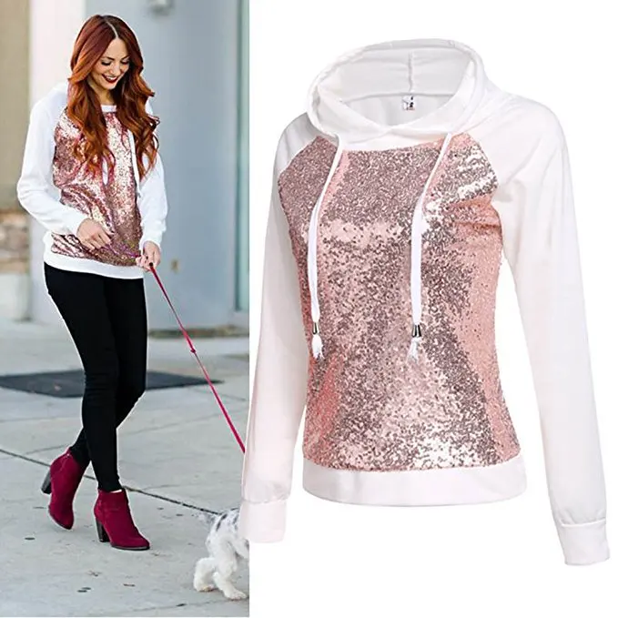 Women Sequin Hoodies Sweatshirt Long Sleeve Sweatshirt Autumn Winter