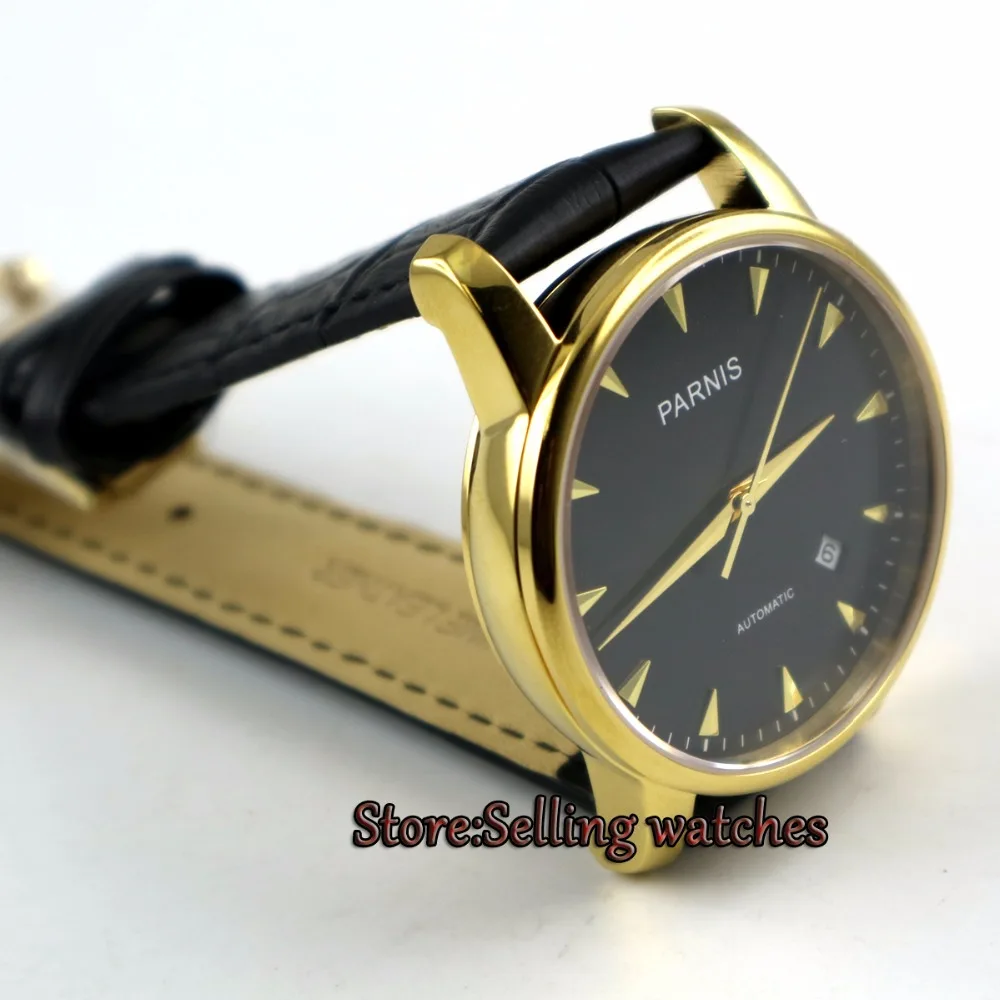 

38mm parnis black dial golden plated case miyota automatic mens wrist watch