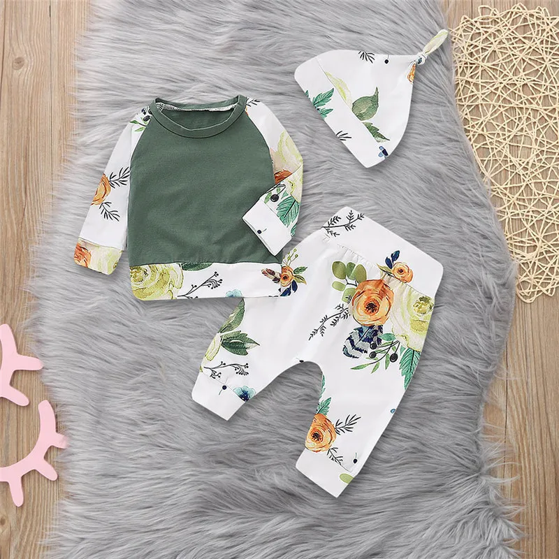 

Infant Baby Boys Girls Long Sleeve Floral Print Tops+Pants+Hat Outfit Winter Clothes For Baby Clothing