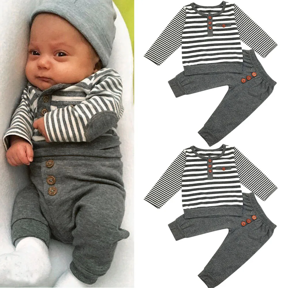 Newborn Baby Boys Long Sleeves Stripe Tops+Pants Infant Outfits Clothes