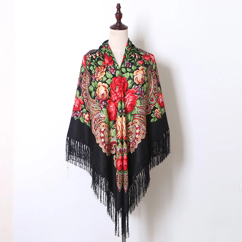 [FAITHINK] 160 см, большой размер, женский шарф-накидка с цветочным принтом, для путешествий в России, из хлопка, с кисточками, шаль, этнический квадратный пончо, хиджаб - Цвет: JM68 black