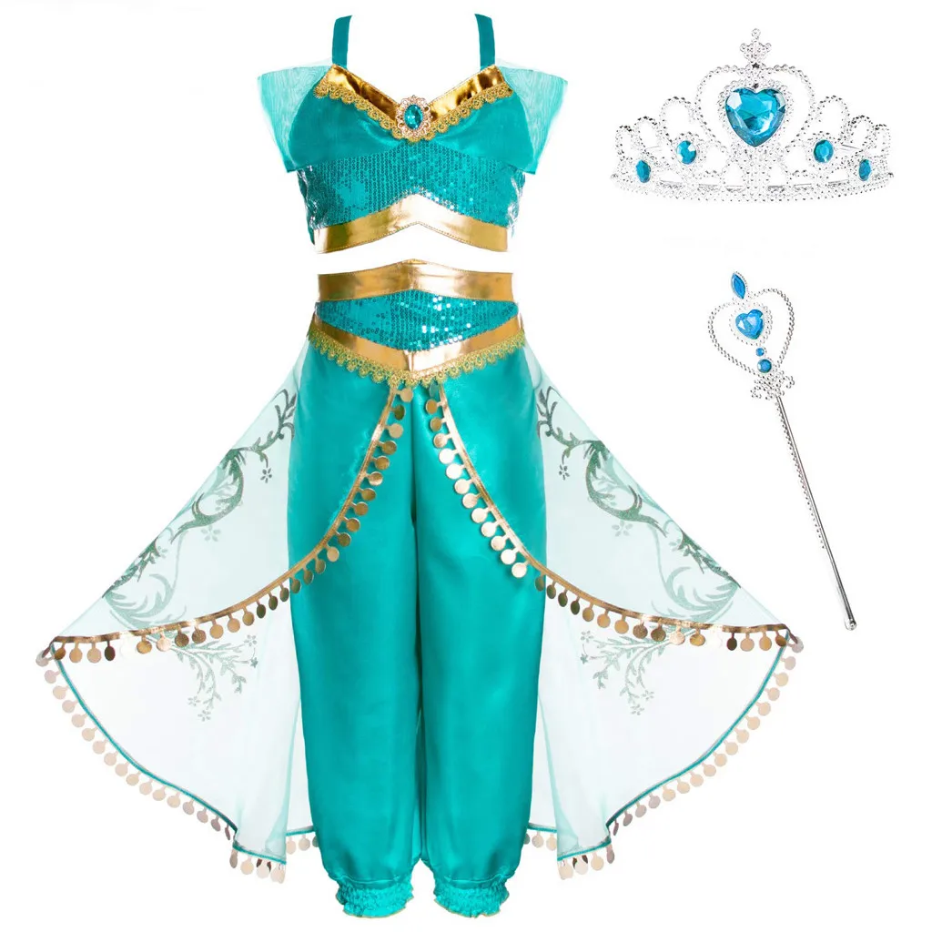 

4pcs Girl Dress Arabian Princess Jasmine Dress up Costume Children Sequin Cosplay Clothes Kid Halloween Party Fantasy Clothing